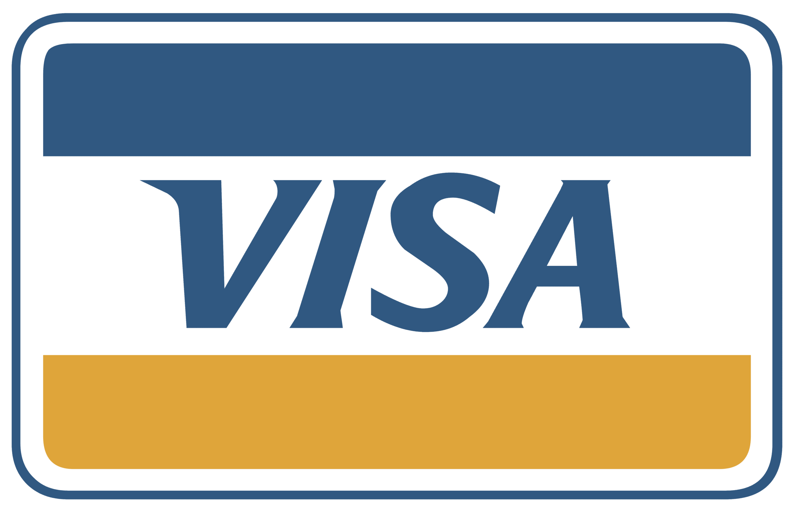 Visa logo featuring the word “VISA” in blue, set between a blue bar at the top and a gold bar at the bottom, on a white background with a blue border.