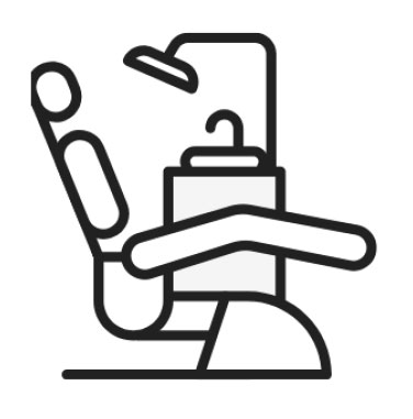 Line drawing of a dental chair with an overhead lamp and sink, representing a dental office or equipment for dental care.