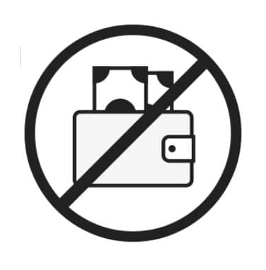 A wallet with cash inside is crossed out by a diagonal line inside a circle, indicating no cash or wallets allowed.